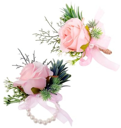 Rosen-Handgelenk-Anstecknadel, Armband und Herren-Boutonniere-Set, Ansteckblume für Abschlussball, Braut Handblume, Hochzeitsblumen, Zeremonie, Party, Haarhut, Kranz (rosa)