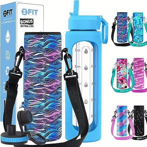 FIT Strong & Healthy Bouteille d'eau en verre de 946 ml avec marqueur de temps et support avec sangle – Couvercle supplémentaire, réutilisable, large goulot, étanche, bouteille d'eau (manchon bleu,
