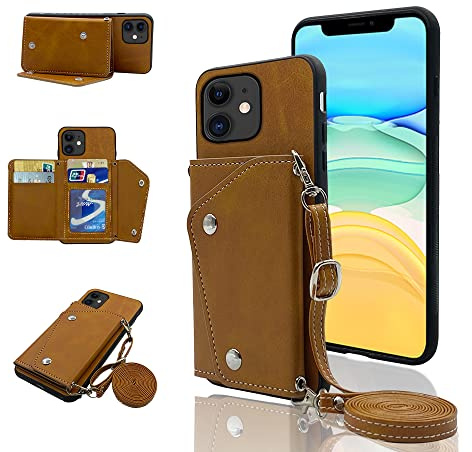 ELISORLI Phone Cover for iPhone 11 6.1 Wallet Case with Crossbody Shoulder Strap and Stand Leather Credit Card Holder Cell Accessories iphone11case iPhone11 i Phone11 11s XI 11R Girls Women Men Brown