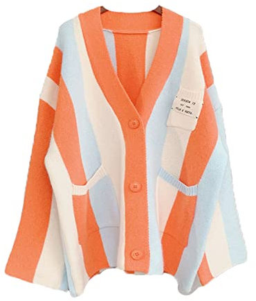 JASCLS Winter Long Sleeve Cable Knitted Color Block Boho Striped Sweater Cardigans Chunky Sweater Cardigans for Women, Rainbow Orange, M