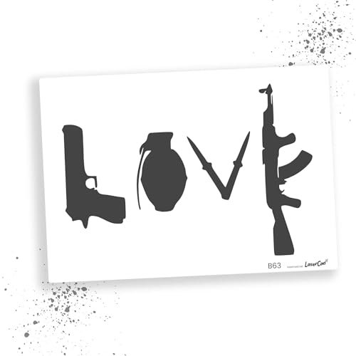 LaserCad Schablonen BANKSY Streetart (B063, LOVE Guns and Weapons, DIN A3) Stencil für Graffiti, Airbrush, Kunst, Deko, zum Malen