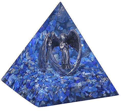 KYEYGWO Lapislazuli Kristall Pyramide Stein mit Geschnitzte Kupfer Engel Figur, Heilstein Schutzengel Pyramiden Positive Energie Pyramide Glück Friedensengel Statue Ornament für Haus Decor