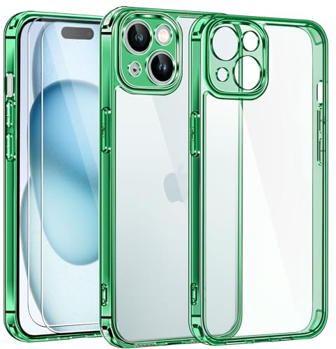 iVoler 3 in 1 Cover Compatibile con iPhone 15 6.1 pollici con 2 Pezzi Pellicola Vetro Temperato, Non Ingiallente,Antiurto di Grado Militare, Protezione Fotocamera,Trasparente Custodia - Menta verde