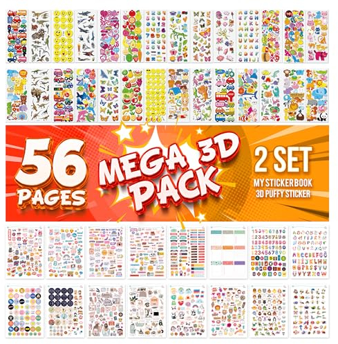 colortouch 3D Sticker Set, 56 Blatt 3D Geschwollene Aufkleber für Kinder, Kinderaufkleber, Stickeralbum - Bullet Journal, Scrabook, Erwachsene, Mädchen, Zahlen, Buchstaben, Tiere, Dinosaurier, Autos