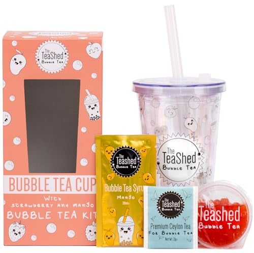 Bubble Tea Cup & Straw with Bubble Tea Kit Gift Set | 1 Serving | Set includes Mango Syrup, Strawberry Popping Boba and Tea Bag | By The TeaShed