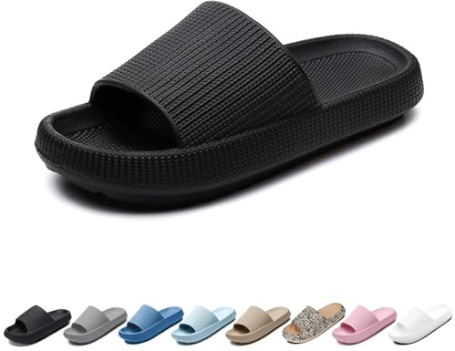Merdoo Badeschlappen Herren Damen Rutschfest Badeschuhe Badelatschen Weich Wolkenschuhe Dicke Sohle EVA Slippers Wolke Hausschuhe Sommer Pantoletten Latschen Flip Flops Mode Schwarz 42-43EU