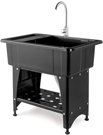 VINGLI 20-Gallon Utility Sink Laundry Tub for Washing Room, Freestanding Utility Sink with Stainless Steel Faucet, (Black, 32.3W x 22.4 D x 49.6H (Faucet included))