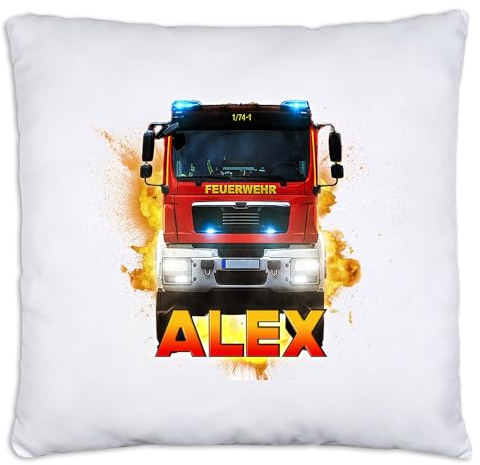 timalo® Personalisiertes Kissen mit Namen | personalisiertes Dekokissen mit Wunschname für Kinder individuelles Geschenk Kissenhülle Feuerwehr | Kissen-ch-1
