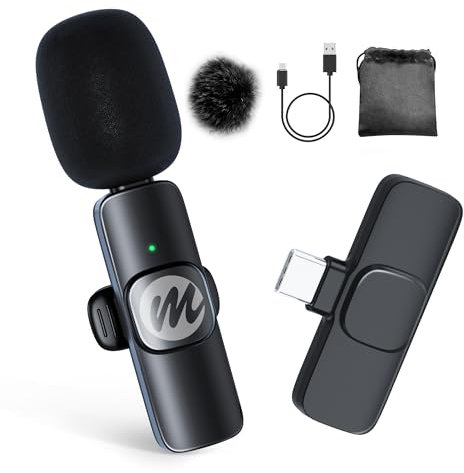 Moman Wireless Lavalier Microphone, USB-C Clip on Microphones for Video Recording, Mini Phone Mic for Interview YouTube Tiktok, Wireless Lepal Mic for iPhone 15, Android, Type-C Device