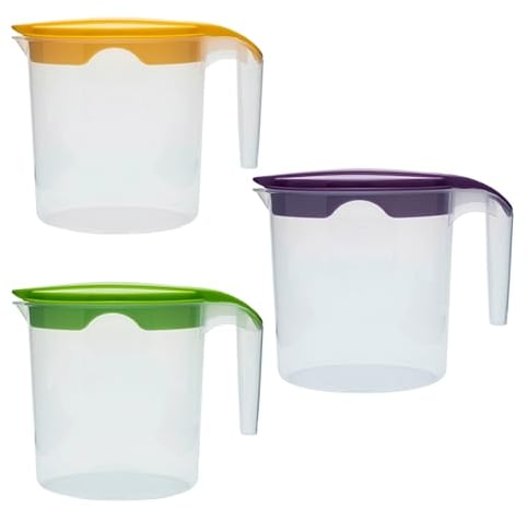 Set of 3 Plastic Water Jug with Lid 1 Liter Milk Juices Drinks Fridge Jug Ideal for Everyday Use Indoor Outdoor Party (Yellow, Purpel &Green)