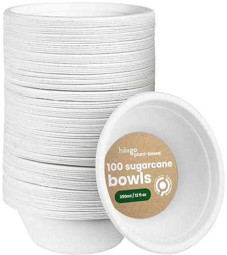 HAAGO 200 Biodegradable Sugarcane Bagasse Bowls, 350 ml - Strong Paper Bowls - Leak-Resistant, Eco-Friendly, Compostable & Disposable Party Bowl for Soup & Dessert, Hot & Cold Food