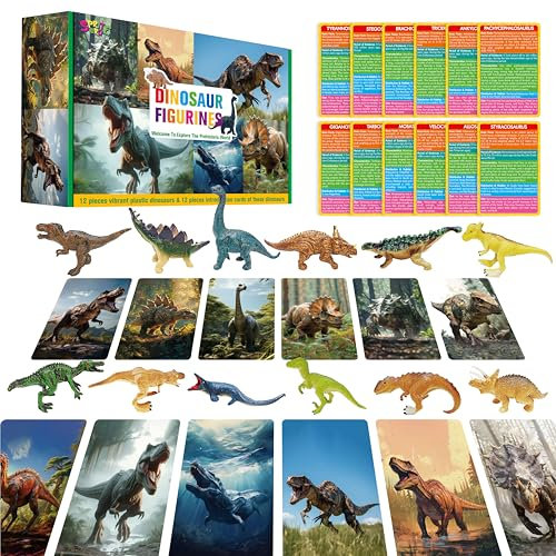 12 Dinosaurier-Figuren mit 12 Einführungskarten, Tragbare Dinosaurier-Figuren Montessori Spielzeug Wissenschaftliches Lernspiel für Homeschool Vorschule Kleinkinder Kinder