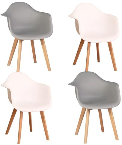 BenyLed Lot de 4 Chaise Salle à Manger, Chaise de Cuisine Scandinave, Fauteuil avec Pieds en Hêtre (Blanc+Gris, Lot de 4)