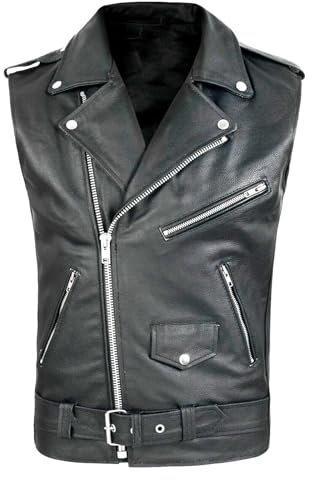 Rrongwn Men's Black Leather & Denim Bell Sleeve Biker Vest, Large