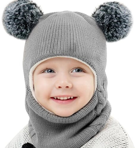 Casenly Baby balaclava, 3 i 1 varm vinterbabyhatt och halsduk, gömda öronmössor, bebismössa, mössa och halsduk, stickad barnmask, dubbel pompom, balaclava för flickor, pojke, grå, Färg: grå, 50