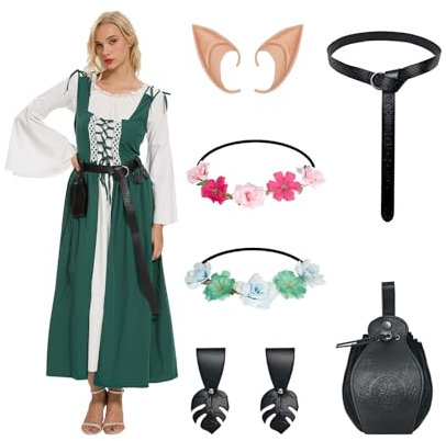 YRTBGD Mittelalter Kleidung Damen,Renaissance Kleid mit Elfenohren Waldelfen Kopfschmuck-Halloween Karneval Kostüm Damen (Grün, M)