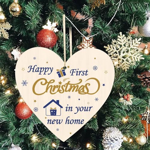 iwiio Happy First Christmas, cartello in legno a forma di cuore, decorazione natalizia per la casa, da appendere, accessorio decorativo per albero (B)