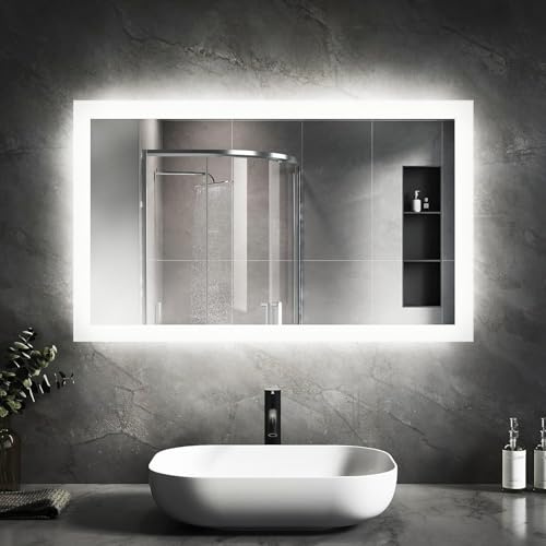 SVNR Badspiegel mit Beleuchtung, 100x60cm LED Spiegel Bad,Wandspiegel für Badezimmer,Aluminiumrahmen,Explosionsgeschütztes Glas,Kanten aus mattiertem Glas,IP44 energiesparend