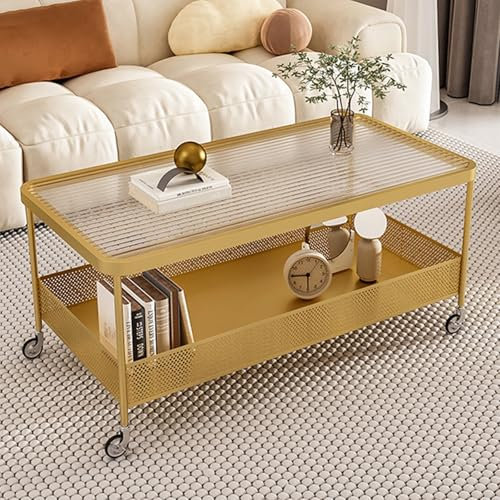 CUXAHO Glastisch Mobiler Beistelltisch Sofatisch Couchtisch Kaffeetisch mit Rollen, Wohnzimmertisch mit Oberfläche aus Glas,Nachttisch Stauraum für Schlafzimmer, Wohnzimmer(Gold,90x50cm)