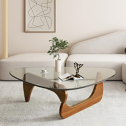 Couchtisch Klein Wohnzimmertisch Modern Glas Sofatisch Dreieckiger Coffee Table Beistelltisch mit Tischbeine Holz - Tisch Wohnzimmer-Einfache Montage (Walnut + Transparent, 91 × 65 ×40cm)