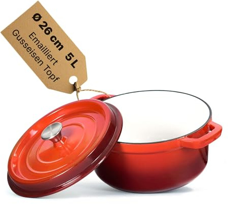 Gusseisen Topf 26cm 5L Emailliert Bräter Dutch Oven backofengeeignet Deckel | Braten Backen Schmoren Brot backen Kochtopf Schmortopf Suppentopf Gemüsetopf Cocotte emaille Brotbacktopf