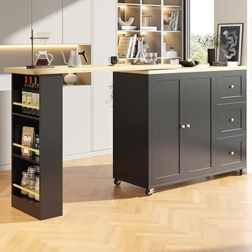 DRIXNO 360° Drehbarer Esstisch (138–209x39 x104 cm) mit Rollen,Schwarz, Ausgestattet mit DREI Schubladen, Einem Snackregal. Vielseitige Aufbewahrungsinsel, Geeignet für Küche, Wohnzimmer