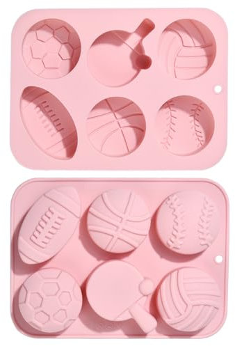 Stiesy 2Pcs 6 Cavity Ball Shape Silicone Moulds Reusable Football Rugby Basketball Tennis Silicone Fondant Cake Mould Sport Baking Molds for DIY Soap Candy Chocolate Ice Pudding Creative Handicrafts