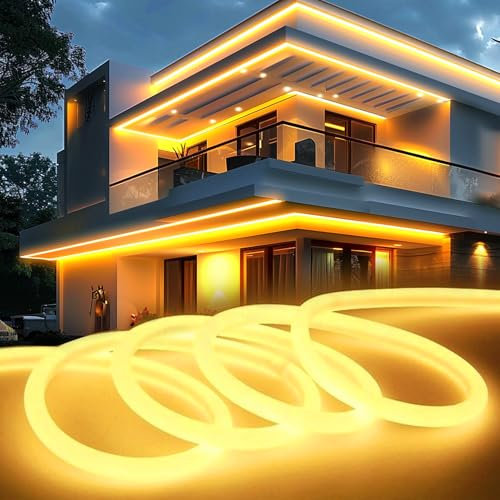 KSIBNW LED Strip Light 20m/65.6ft Outdoor Waterproof, Warm White 320° Glow Neon LED Strip Lights Outside IP65 Flexible 220v-240v Cuttable Rope Strip for Garden Kitchen Outdoor Indoor Decor, 3000K