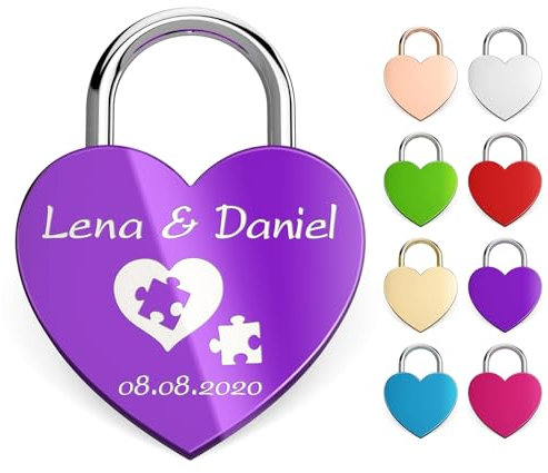 Metzler Cadenas en forme de cœur avec gravure et clé en violet - Personnalisable avec nom et date - Cadenas d'amour en métal résistant aux intempéries avec pochette en velours - Cadeau romantique pour