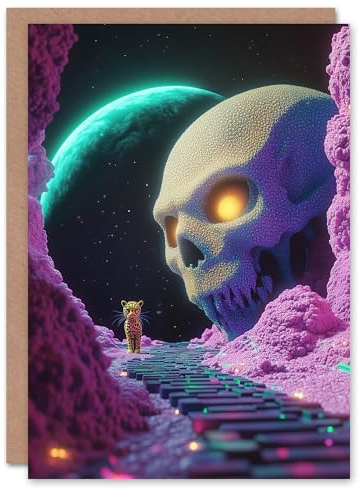 Artery8 Greeting Card Sci Fi Neon Fantasy Landscape Skull Leopard Moon Blank For Him Or Her Art Birthday Card