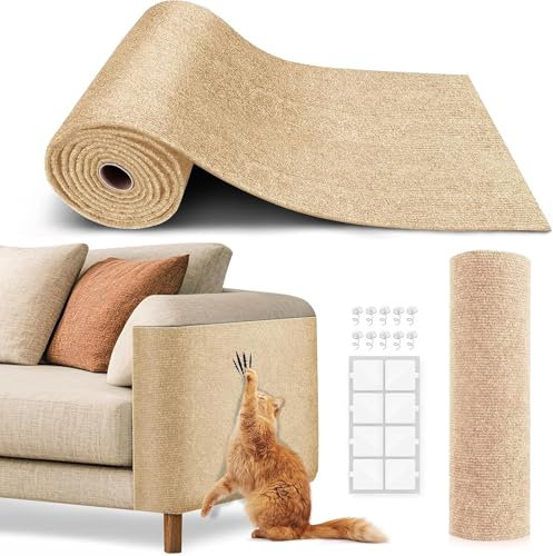 Cat Scratcher, 200 * 40cm Self Adhesive Scratching Mat, Cat Sofa Protector, Wall Mounted Scratcher for Stop Scratching Furniture,Replacement Pads, Pet Accessories for Indoor(Khaki)