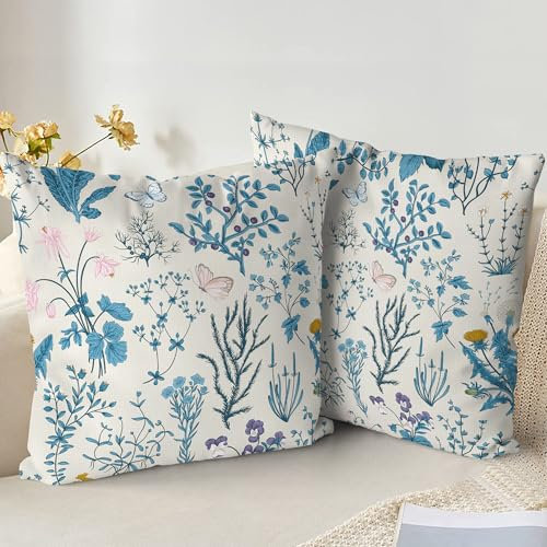XPHZZL Cushion Covers Set of 2 Pack 45 x 45 cm Soft Sage Green Wild Flower Plant Pillow Covers for Sofa Bed Garden Outdoor Spring Decor Flower Plant with Invisible Zipper - Blue