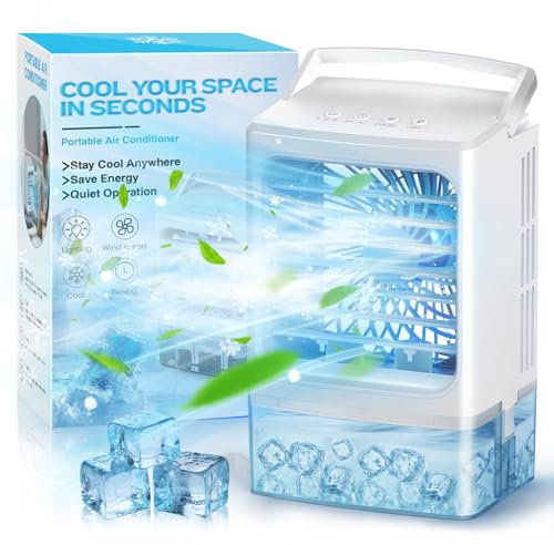 Aire acondicionado portátil – Enfriador de aire evaporativo – Mini aire acondicionado personal – Ventilador de hielo pequeño 4 en 1 para dormitorio, camping, oficina