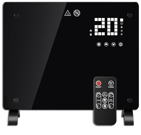 DONYER POWER 1000W Konvektor-Heizung, ultradünne Wandmontage oder freistehend, 24H Timer-Fernbedienung, schwarze Glasscheibe