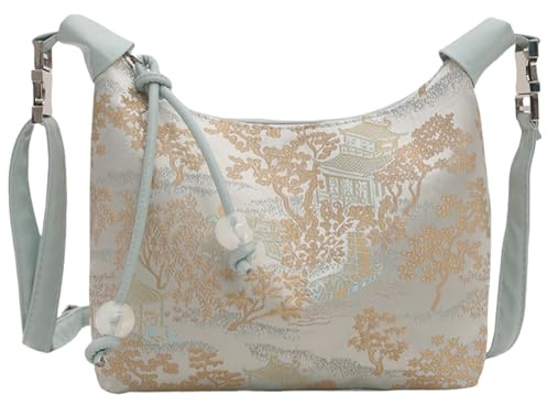 Uqezagpa Stilvolle Nylon-Umhängetasche mit chinesischem Vintage-Webmuster, Crossbody-Tasche, mit Reißverschluss, kleine Handtasche für Damen, orientalische Umhängetasche, blau, One Size