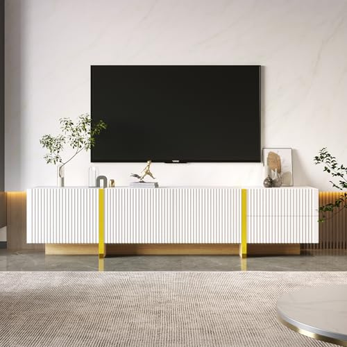 Merax TV Unit Cabinet with 3 Doors,2 Drawers,Spacious Storage Media Console for Living Room,Stylish Entertainment Unit - Gold & White,190 * 35 * 45CM