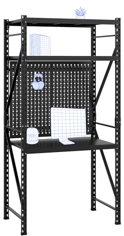 FLEXISPOT Werkbank & Schreibtisch mit Regal und Lochwand – Stabiler Werkzeugtisch, bis 200 kg belastbar, vielseitig nutzbar in Werkstatt, Büro, Lager oder Zuhause (Schwarz)