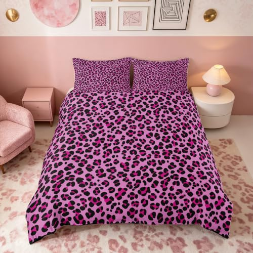 Homemissing Pink Leopard Bettwäsche Set 135x200cm Gepard Bettbezug für Jungen Mädchen Tierdruck Betten Safari Schlafzimmer Dekor Zebra