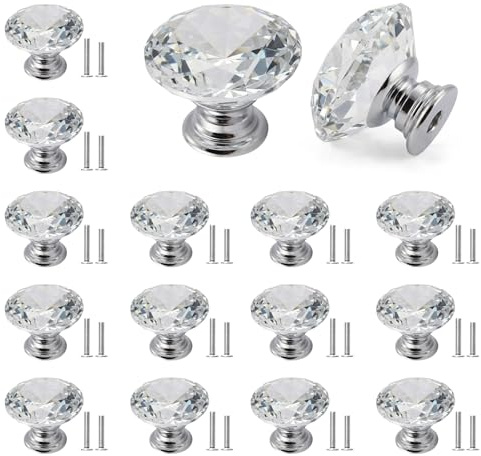 AUFIKR 16 Pack Crystal Glass Door Handles, Cupboard Handles and Drawer Knobs, Kitchen Cabinet Knobs with Alloy Base, Wardrobe Handles for Interior Doors (25×24 mm)