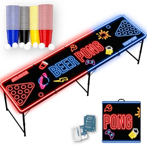 RedCupShop® LED Beer Pong Tisch klappbar | rote & Blaue LED Beleuchtung | 240 x 60 x 70 cm | Aluminiumrahmen | wasserabweisender Bierpong Partytisch (Tisch inkl. Bechern, Bällen & Trinkspiel)