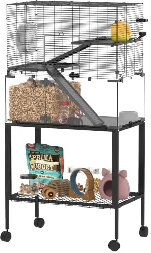 PawHut Hamsterkäfig mit Rollen Zwerghamster 77 x 49 x 130,5 cm Schwarz | 360°-Sicht, Transparenter Hamsterlebensraum, 3 Etagen Nagerkäfig, Röhrensystem, Hütte, Rampen, Fressnapf, Kleintierkäfig