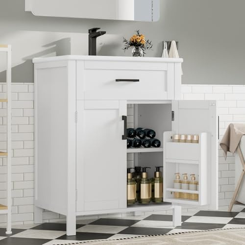 PUGSDRLY Meuble Vasque Salle de Bain avec Évier céramique intégré, Meuble-lavabo avec 2 Portes et 1 Porte Rabattable, Mobilier de Toilette avec étagères réglables, façade laquée