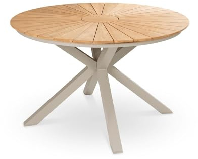 Gartentisch Ø 120 cm mit massiver Teakholz-Platte – Aluminium-Gestell in Taupe – Witterungsbeständiger Terrassentisch aus Echtholz & Leichtmetall – Robust & Pflegeleicht für Outdoor – Höhe 75 cm
