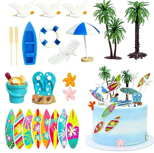 CutitiUU 23PCS Summer Beach Chair Umbrella Cake Toppers Hawaiian Aloha Birthday Surfing Cake Decor,Palm Tree Summer Beach Cake Toppers for Hawaiian Theme Birthday Wedding Party (Surfboards)