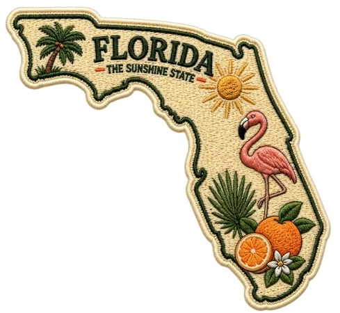Florida State Map Embroidery Patch – Sunshine State Flamingo, Palm Tree & Orange Applique for Clothes, Backpacks, Hats, Jeans, Bags – Iron On/Sew On