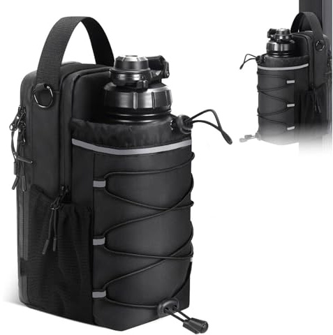 Magnetic Gym Bike Organiser with Water Bottle Holder 21-40oz Black | 3-point grip for treadmills racks handlebars; reflective weather-resistant; compact for running hiking commute; phone pocket