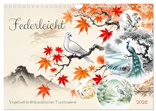 Federleicht - Vogelwelt im Stile asiatischer Tuschmalerei (Wandkalender 2026 DIN A4 quer), CALVENDO Monatskalender: Entdecken Sie die filigrane Welt ... von Spatz bis Schneeeule (CALVENDO Tiere)