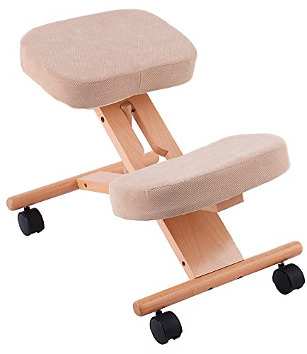 COSTWAY Ergonomic Kneeling Chair, Wood Posture Stool with Angle & Height Adjustable, Thick Padded Seat, Suitable for Meditation Gaming Computer Work (Beige)