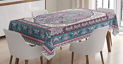ABAKUHAUS Ethnisch Tischdecke, Paisley Oriental, Pflegeleicht mit Modernster Druck Technologie Waschbar und Personalisiert, 140 x 240 cm, Hellrosa Lila und Grün