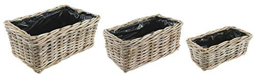 Bliss and Bloom Wicker Planter Indoor/Outdoor SET OF 3 Flower Pot Basket Lined Grey Buff Rattan RECTANGULAR